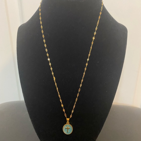 Gold Stainless Steel Necklace with Tiffany Blue Cross Pendant 18” - Picture 3 of 3